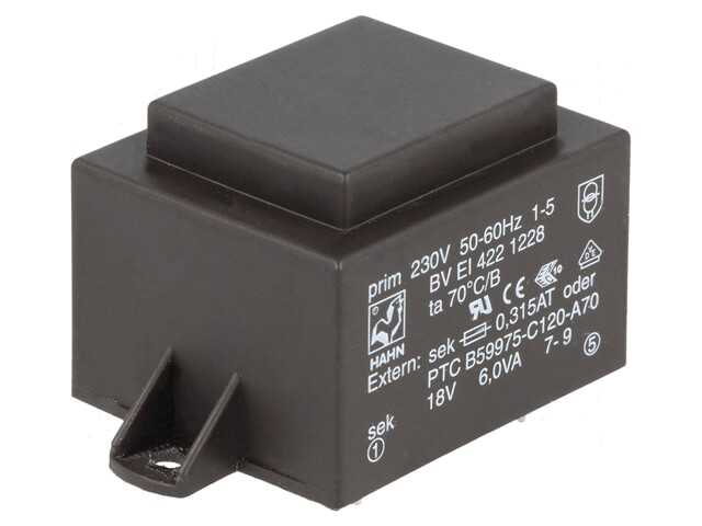 Transformator: ingegoten; 6VA; 230VAC; 18V; 334mA; PCB; BVEI Transformator: ingegoten; 6VA; 230VAC; 18V; 334mA; PCB; BVEI